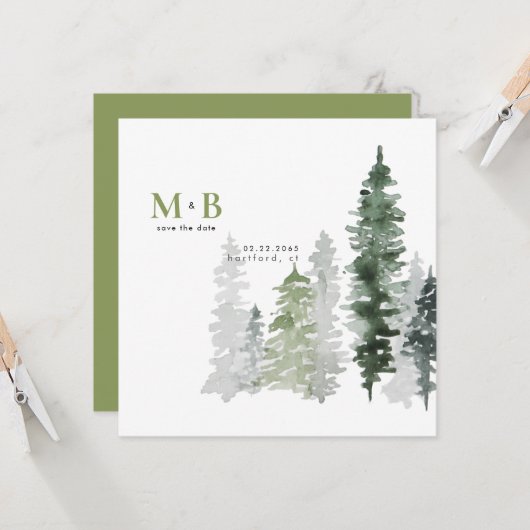 Woodland Moss Green Monogram Save the Date Square (Voorkant / Achterkant in situ)