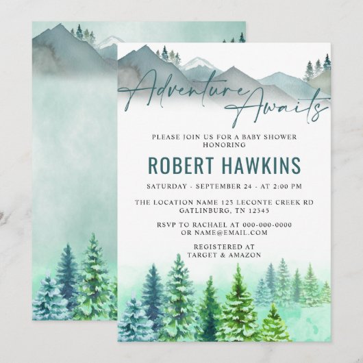 Woodland Mountain Adventure Awaits Baby shower Kaart (Voorkant / Achterkant)