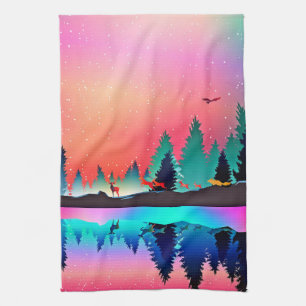 Woodland mountain aurora dieren theedoek