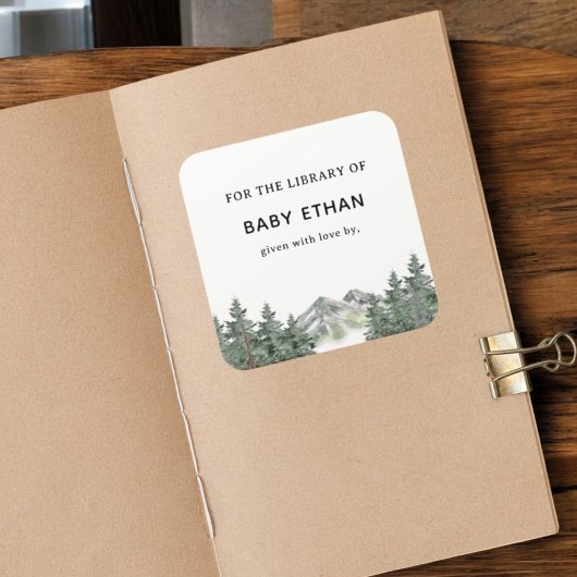 Woodland Mountain Baby Shower Boekenbibliotheek Vierkante Sticker