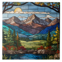 Woodland mountain scene vintage stain glass