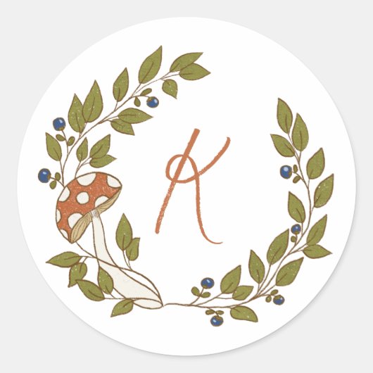 Woodland Mushroom Monogram Ronde Sticker (Voorkant)