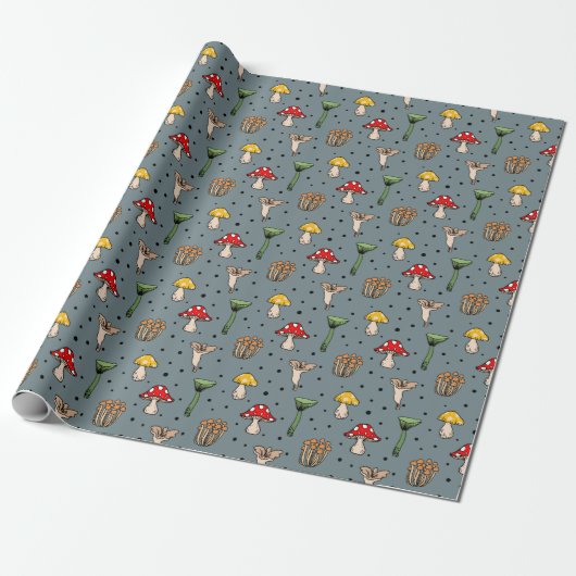 Woodland Mushrooms Pattern Wrapping Paper Cadeaupapier (Uitgerold)
