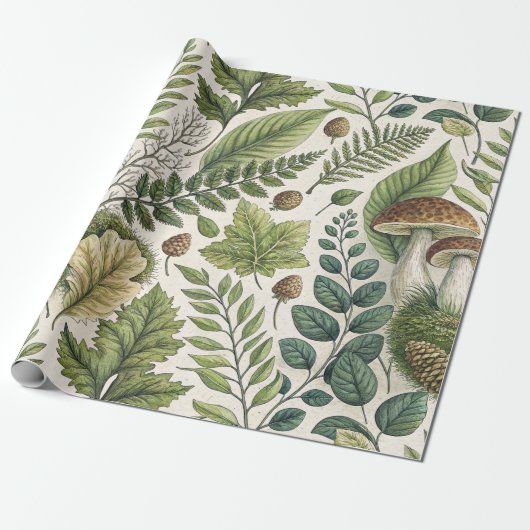 Woodland Mushrooms Pinecones Ferns Herfstpatroon Cadeaupapier (Uitgerold)