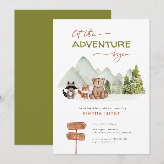 Woodland Natuur Adventure Baby shower Invitation Kaart (Voorkant / Achterkant)