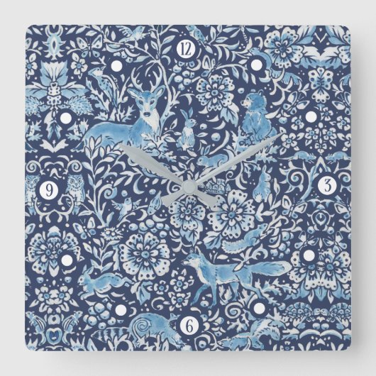 Woodland Navy Blue Forest Fox Rabbit Floral Vierkante Klok (Voorkant)