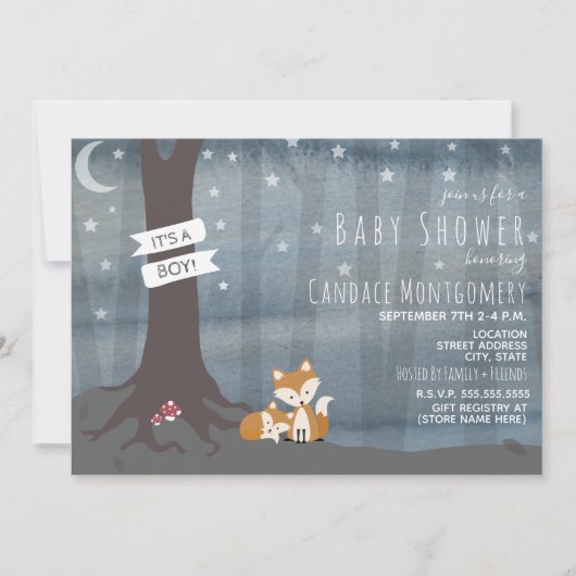 Woodland Night Fox Baby shower Kaart (Voorkant)