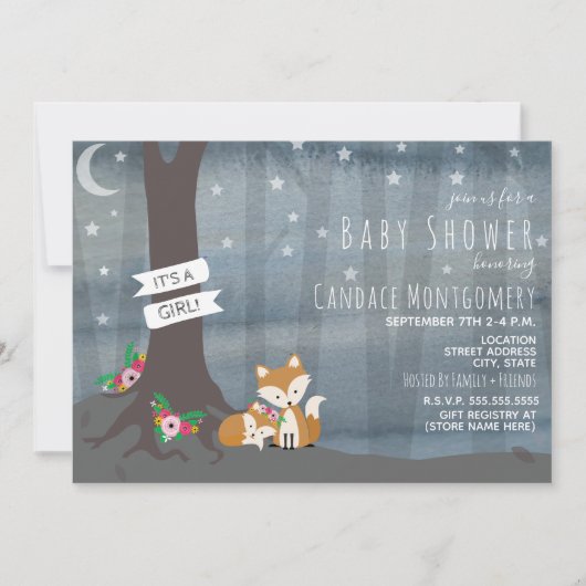 Woodland Night Fox Baby shower - Meisje Kaart (Voorkant)