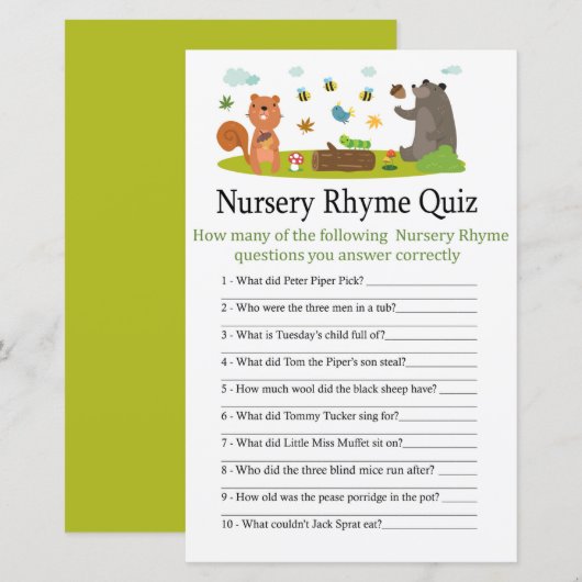 Woodland Nursery Rhyme Quiz baby shower game (Voorkant / Achterkant)