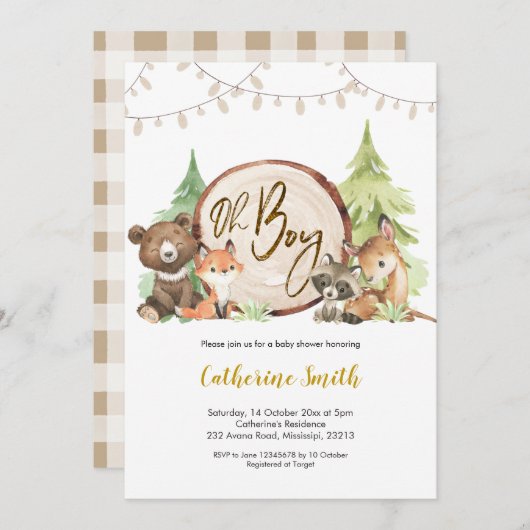 Woodland Oh Boy Baby shower Uitnodiging (Voorkant / Achterkant)