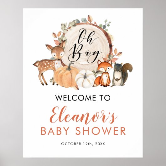 Woodland Oh Boy Pumpkin Baby shower Welkomstteken Poster (Voorkant)