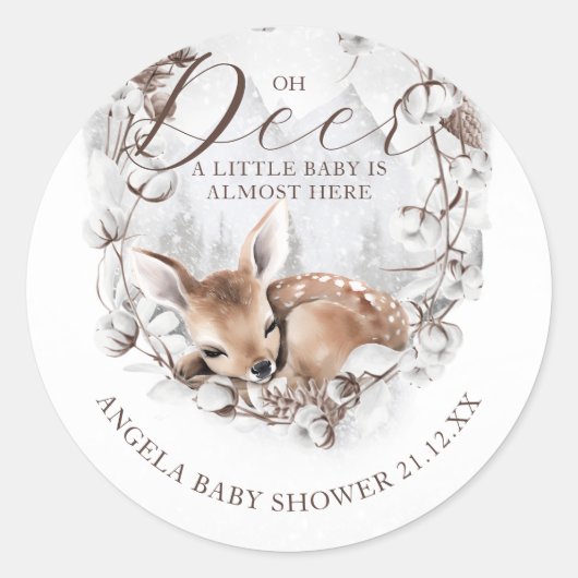 Woodland Oh Deer Winter Baby shower Ronde Sticker (Voorkant)