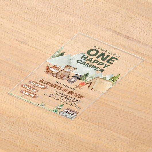 Woodland One Happy Camper Camping Kinderen Verjaar Acryl Uitnodigingen (Laagn)