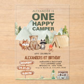Woodland One Happy Camper Camping Kinderen Verjaar Acryl Uitnodigingen (Voorkant)