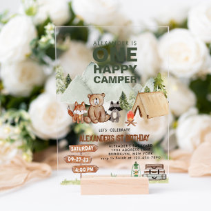 Woodland One Happy Camper Camping Kinderen Verjaar Acryl Uitnodigingen