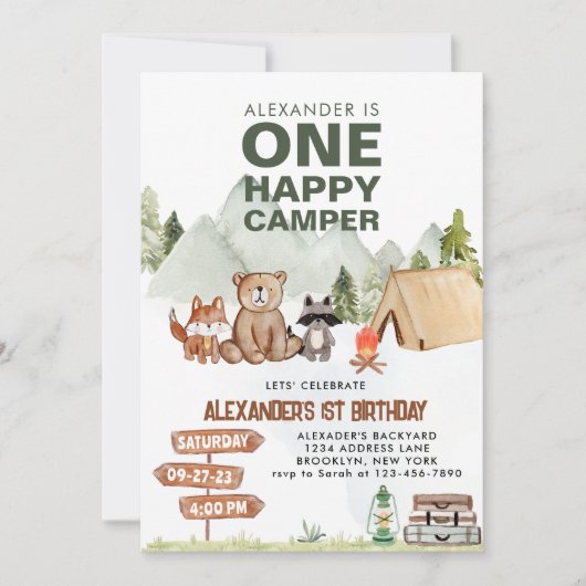 Woodland One Happy Camper Camping Kinderen Verjaar Kaart (Voorkant)