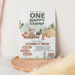 Woodland One Happy Camper Camping Kinderen Verjaar Kaart<br><div class="desc">Design kenmerken moderne bosdieren kamperen uit waterverf.</div>