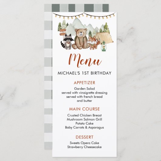 Woodland One Happy Camper eerste verjaardagsmenu Menu (Voorkant / Achterkant)