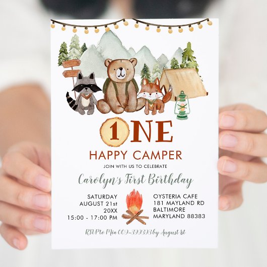 Woodland One Happy Camper First Birthday Invite Kaart