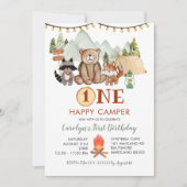 Woodland One Happy Camper First Birthday Invite Kaart (Voorkant)
