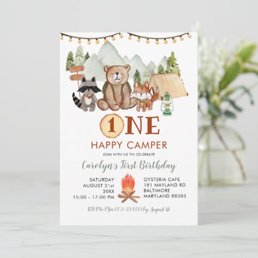 Woodland One Happy Camper First Birthday Invite Kaart (Staand voorkant)