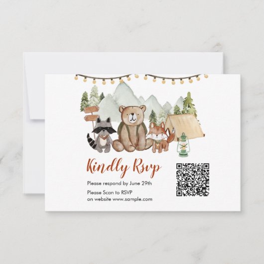Woodland One Happy Camper Verjaardag QR RSVP Card Bedankkaart (Voorkant)