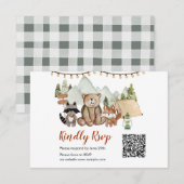 Woodland One Happy Camper Verjaardag QR RSVP Card Bedankkaart (Voorkant / Achterkant)