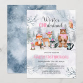 Woodland ONEderland Verjaardag Meisje Uitnodiging (Voorkant / Achterkant)