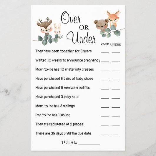 Woodland Over of Onder Baby shower game card Flyer (Voorkant)
