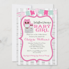 Woodland Owl Baby Girl Shower Kaart