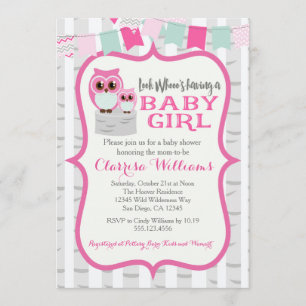 Woodland Owl Baby Girl Shower Kaart