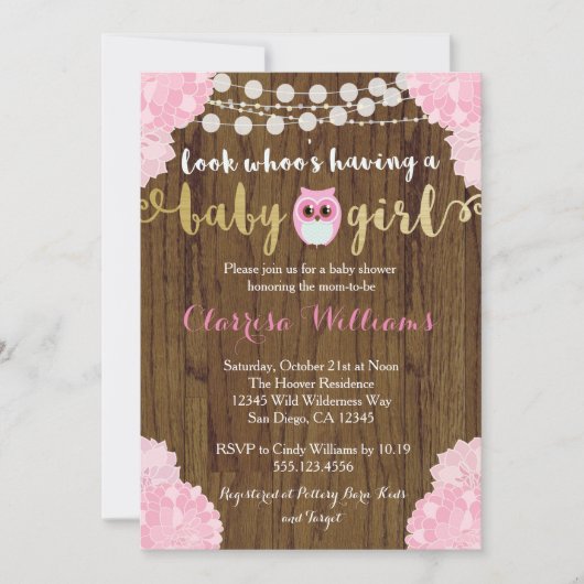 Woodland Owl Baby Girl Shower Uitnodiging (Voorkant)