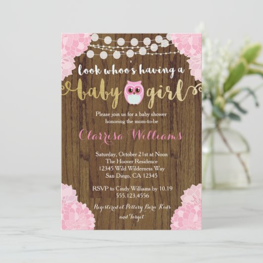 Woodland Owl Baby Girl Shower Uitnodiging (Staand voorkant)