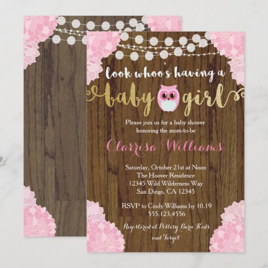 Woodland Owl Baby Girl Shower Uitnodiging (Voorkant / Achterkant)