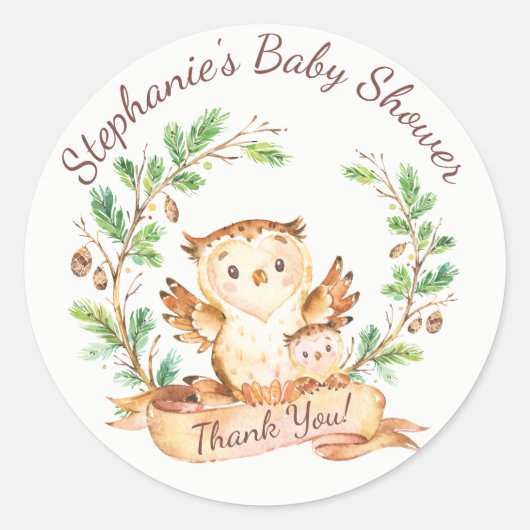 Woodland Owl Baby shower Dank u voor Sticker (Voorkant)