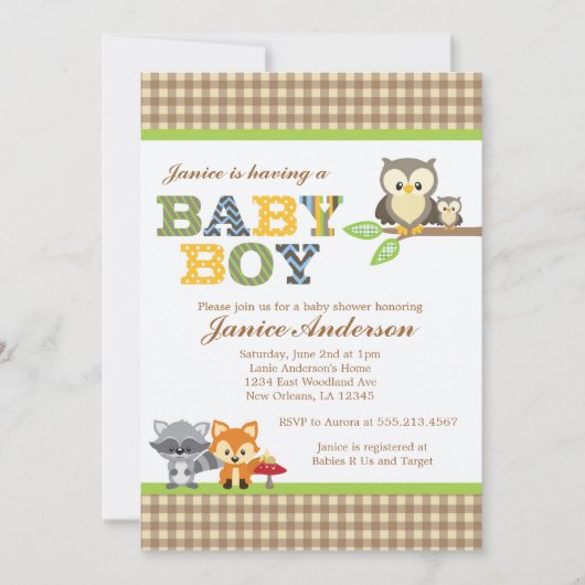 Woodland Owl Baby shower nodigBoy Kaart (Voorkant)