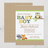 Woodland Owl Baby shower nodigBoy Kaart (Voorkant / Achterkant)
