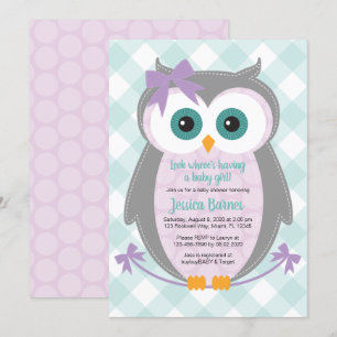 Woodland owl baby shower nodigt meisje paarse munt kaart