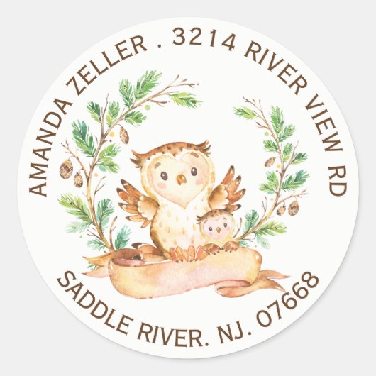 Woodland Owl Baby shower retour adreslabel Ronde Sticker (Voorkant)