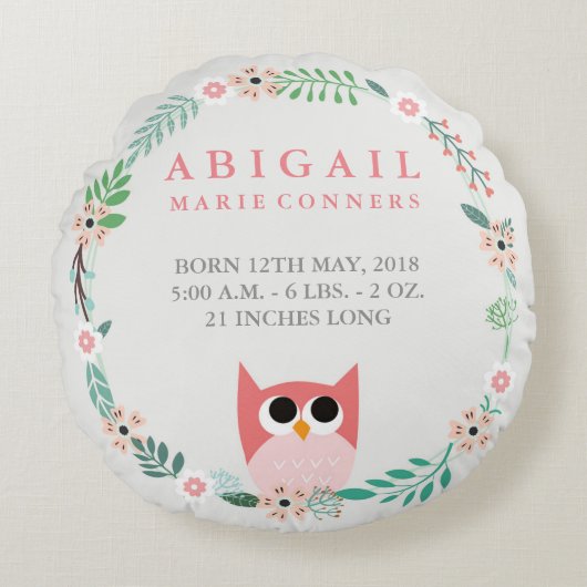 Woodland Owl Birth Stats Round Nursery Pillow Rond Kussen (Voorkant)
