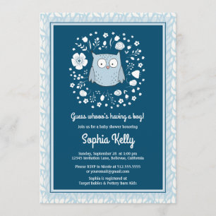 Woodland Owl Blue Boy Baby shower Kaart