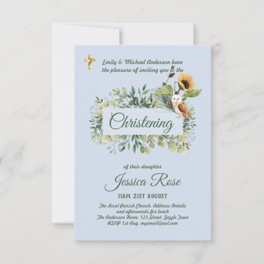 Woodland Owl Boys Christening Invites (Voorkant)