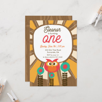 Woodland Owl First Birthday Invitation – One Year  Kaart