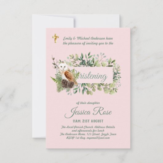 Woodland Owl Girls Christening Invites Baptism (Voorkant)