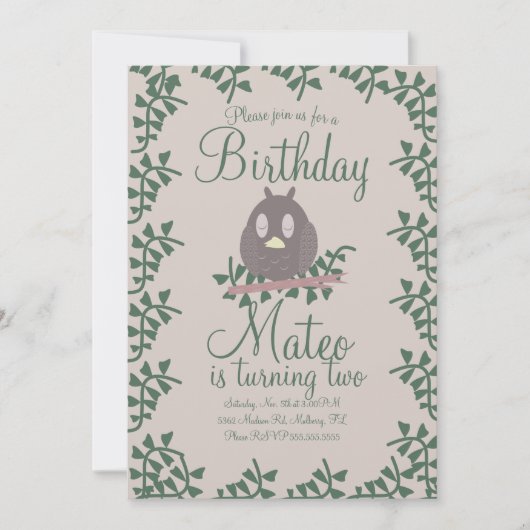 Woodland Owl Greenery Birthday Party Rustic Kaart (Voorkant)