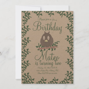 Woodland Owl Greenery Birthday Party Rustic Kaart
