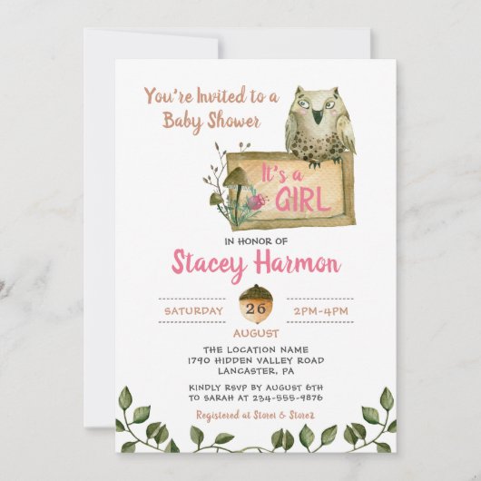 Woodland Owl Het is een Girl Baby shower Uitnodigi Kaart (Voorkant)