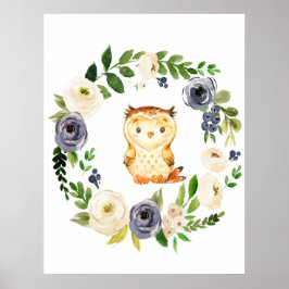 Woodland Owl navy floral nursery print