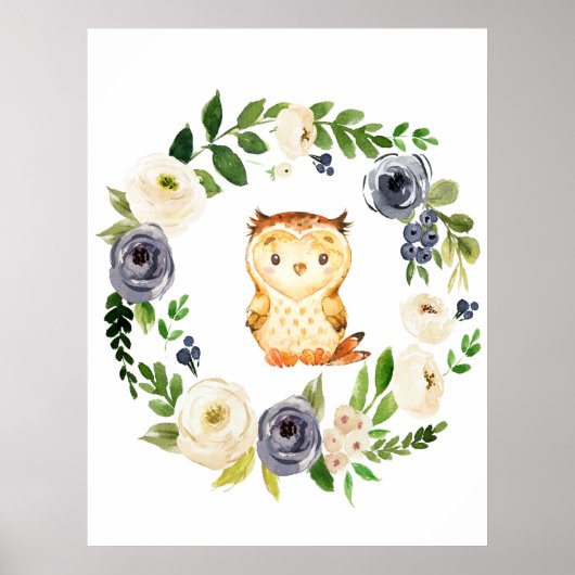 Woodland Owl navy floral nursery print (Voorkant)