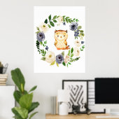 Woodland Owl navy floral nursery print (Thuiskantoor)